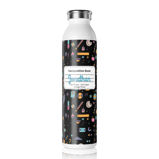 Personalized Chalkboard Chic Composition Book Inspired Slim Water Bottle, Customizable Drinkware, Eco-Friendly Hydration Bottle, Perfect for Gifts, School Supplies, Back to School