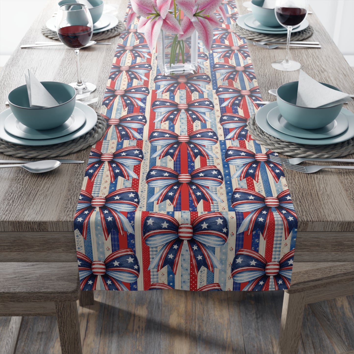 Patriotic Ribbon Table Runner — American Flag Stars & Stripes Cotton-Blend