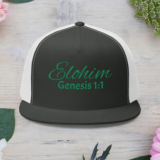 Green 'ELOHIM, GENESIS 1:1' Embroidered 5 Panel Trucker Cap | Casual Style Hat, Adjustable, Unisex, Perfect Gift for Outdoors, Festivals, Daily Wear