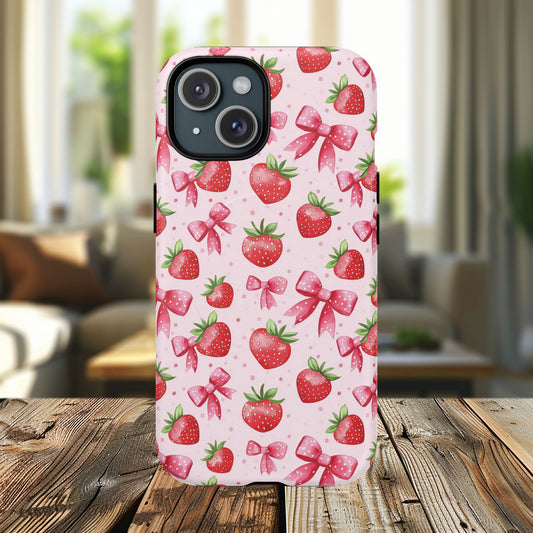 Strawberry Blush Coquette Magnetic Tough iPhone Cases - Funky Fruit Cases, Floral iPhone Cover, Trendy Gifts, iPhone Accessories, Strawberry Lover