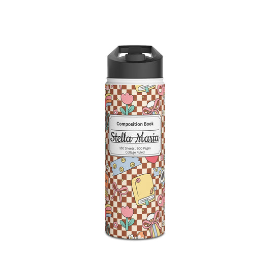 Personalized Brown Doodle Daydream Composition Book Inspired Stainless Steel Water Bottle for Kids, School Supplies, Eco-Friendly Drinkware, Back to School, Teacher Gifts