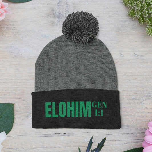 Pom-Pom Knit Cap with 'ELOHIM, GENESIS 1:1' Embroidery Beanie - Stylish Winter Accessory for All Ages, Perfect Gift for Birthdays, Holidays, and Outdoor Activities
