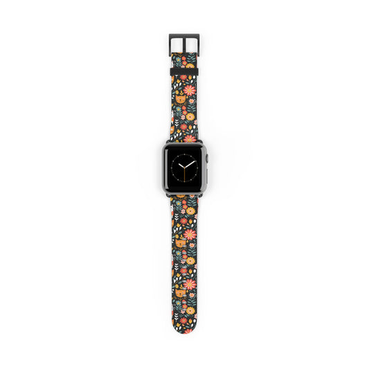 Whimsical Feline Garden Print Watch Band for Apple Watch - Cute Animal Design.