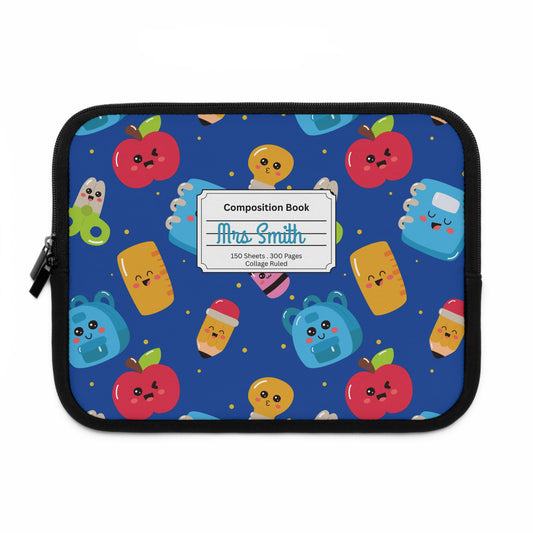 Personalized Blue Kawaii Laptop Sleeve with Composition Book Inspired Design, Customizable Tech Case, School Supplies, Gift for Students, College Essentials, Back to School