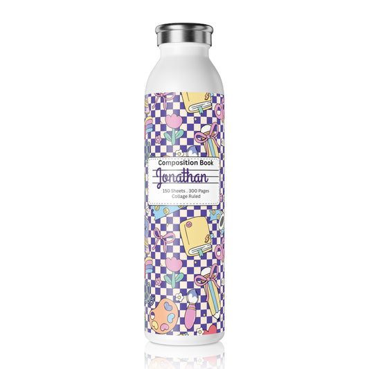 Personalized Composition Purple Doodle Daydream Book Inspired Slim Water Bottle, Customizable Drinkware, Eco-Friendly Hydration Bottle, Perfect for Gifts, School Supplies, Back to School