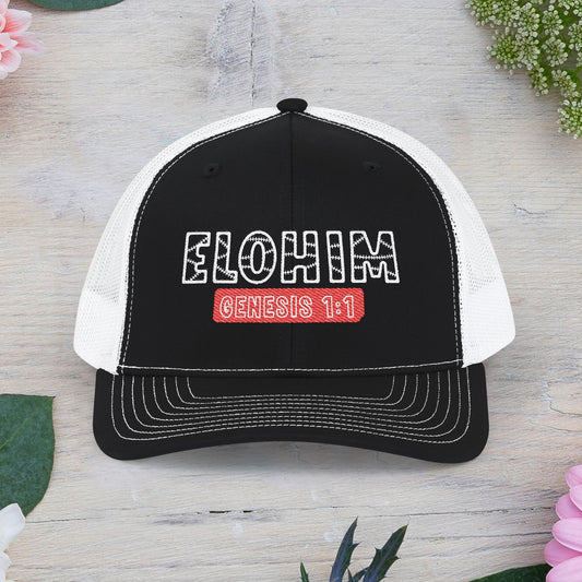 Embroidered 'ELOHIM GENESIS 1:1' Snapback Cap, Faith-Based Trucker Hat, Christian Gifts, Stylish Headwear, Religious Apparel, Perfect for Summer