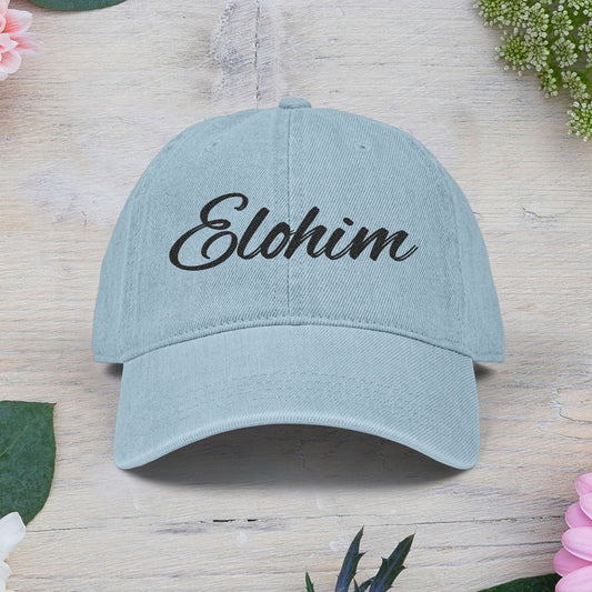 Denim 'ELOHIM, GENESIS 1:1' Hat (Embroidery), Stylish Casual Hat, Gift for Him/Her, Summer Accessory, Trendy Streetwear, Spiritual Fashion.