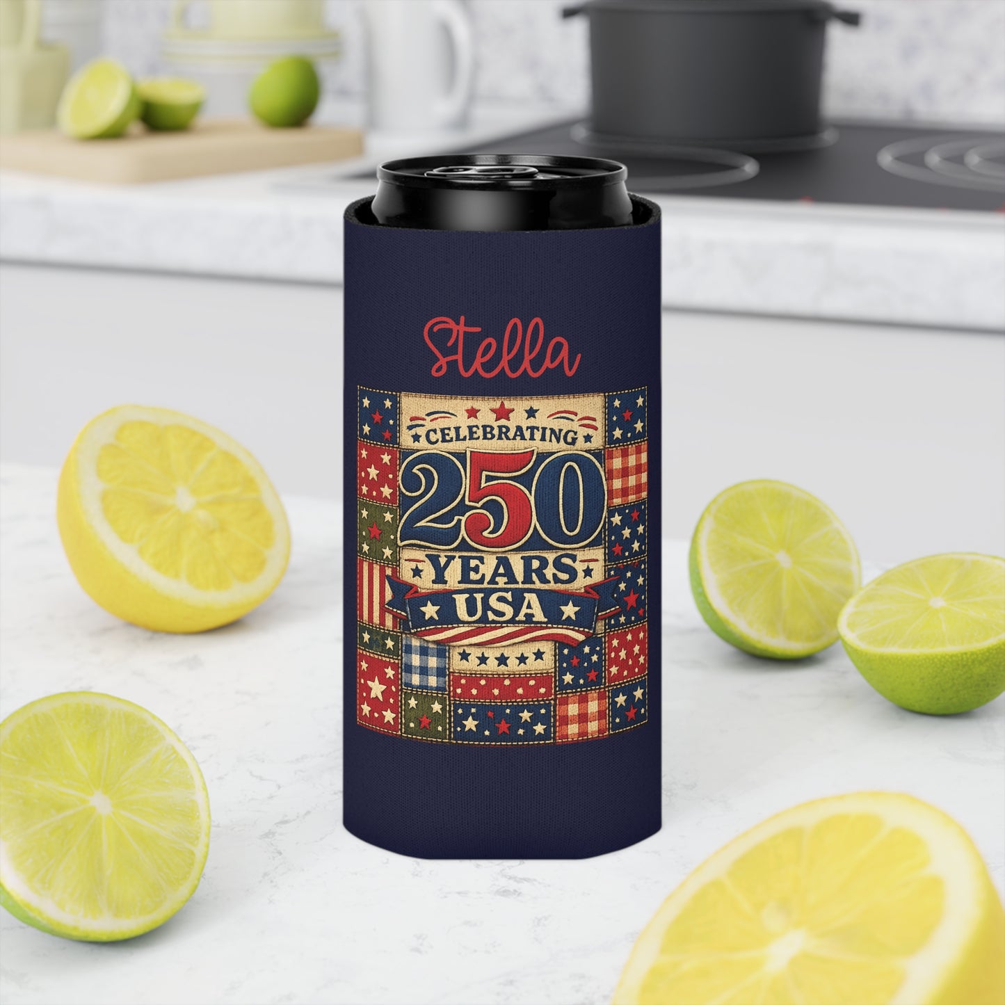 250 Years USA Can Cooler — Personalized Fourth of July Patriotic Beverage Holder