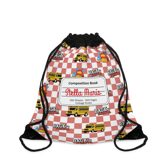 Custom Red SchoolYard Chic Composition Book Inspired Colorful plsyful icons Drawstring Bag | Personalized College Ruled Tote | Kids School Gear | Fun Gym Sack | Back to School Accessory