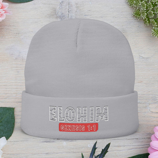 Stylish Knit Beanie with 'ELOHIM, Genesis 1:1' Embroidery, Winter Accessory, Religious Gift, Cozy Beanie Cap, Faith-Inspired Fashion