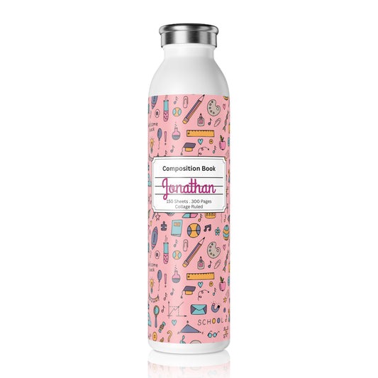 Personalized Pink Chalkboard Chic Composition Book Inspired Slim Water Bottle, Customizable Drinkware, Eco-Friendly Hydration Bottle, Perfect for Gifts, School Supplies, Back to School