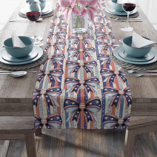 Patriotic Ribbon Table Runner — American Flag Stars & Stripes Cotton-Blend