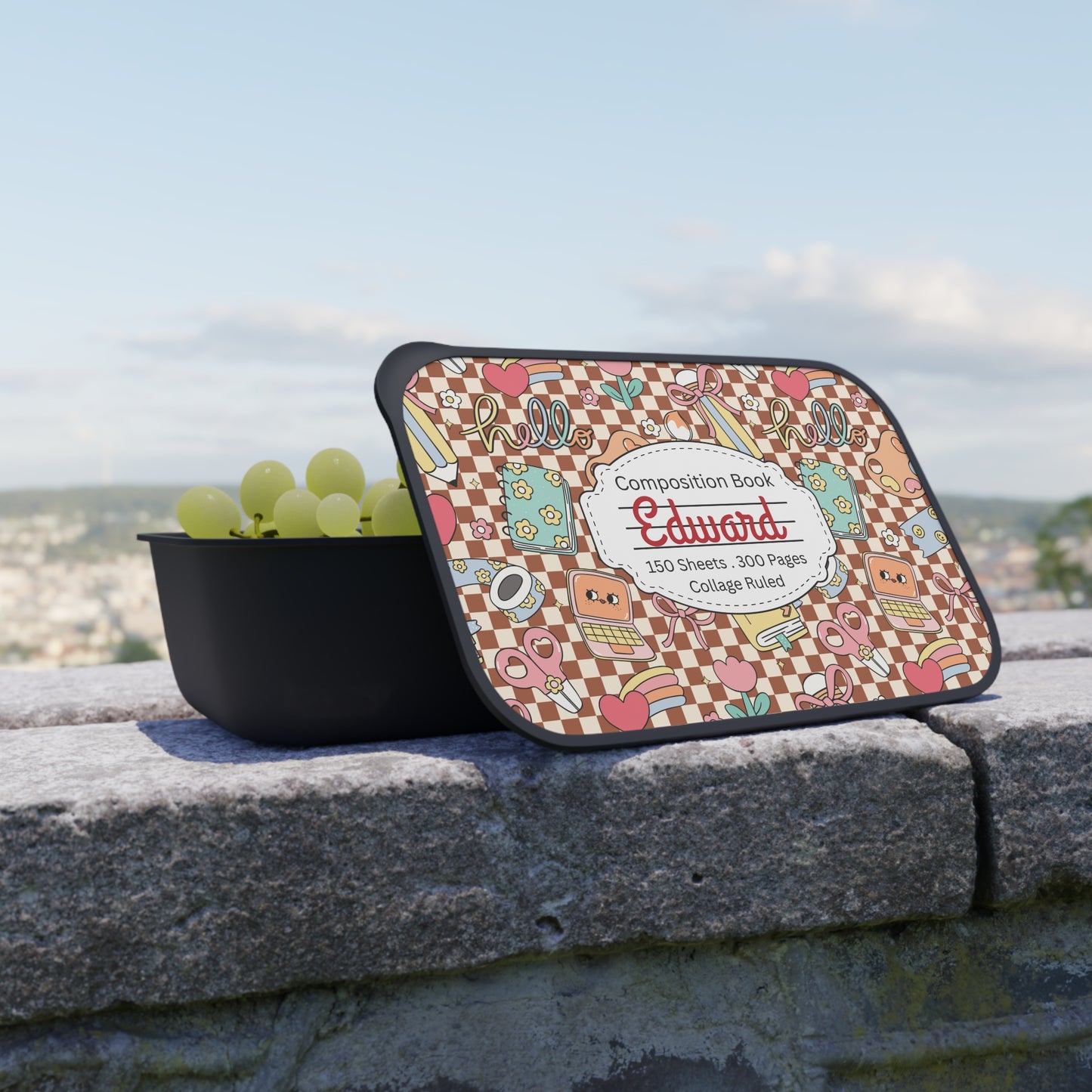 Personalized Brown Doodle Daydream Composition Book Inspired Bento Box, Fun Lunch Container, School Lunch, Meal Prep, Kids' Utensils, Back to School, Child's Lunchbox