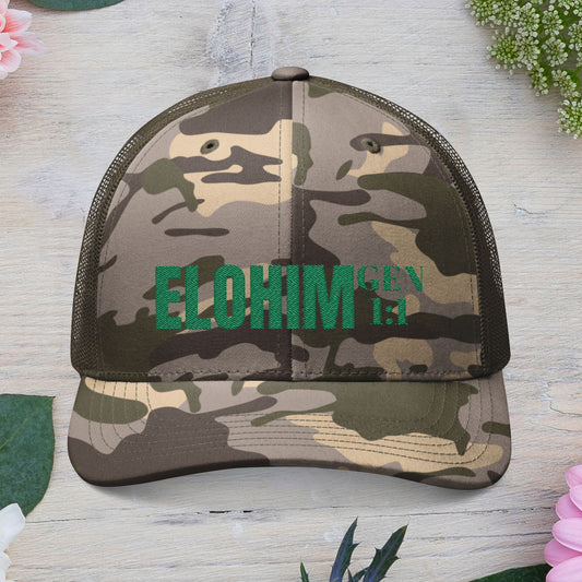 Green Camouflage Embroidered Trucker Hat with 'ELOHIM, GENESIS 1:1', Casual Style Hat, Adjustable, Unisex, Perfect Gift for Outdoors, Festivals, Daily Wear.