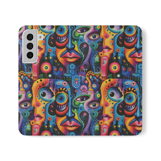 Psychedelic Visions Vibrant Art Flip iPhone and Samsung Phone Case - Colorful Faces Design for Phone Protection