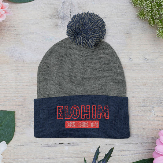 Red Pom-Pom Knit Cap with 'ELOHIM, GENESIS 1:1' Embroidery Beanie - Stylish Winter Accessory for All Ages, Perfect Gift for Birthdays, Holidays, and Outdoor Activities