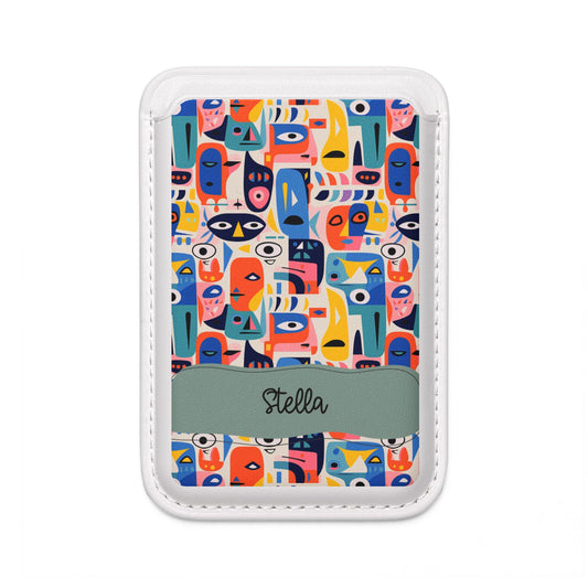 Personalized MagSafe Vegan Card Wallet — Colorful Abstract Faces with Name Plate Unique Tech Accessory