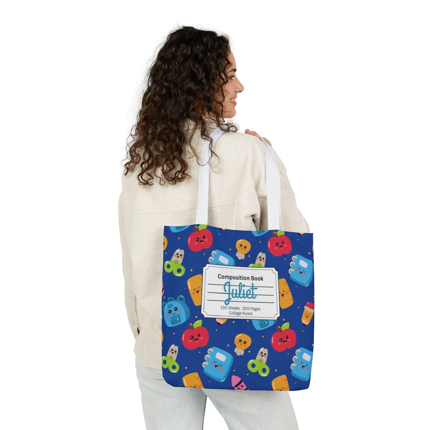 Personalized Blue Kawaii Composition Book Inspired Canvas Tote Bag with Colorful Straps, Cute School Bag, Eco-Friendly Tote, Back to School Shopping Bag, Teacher Gift Idea