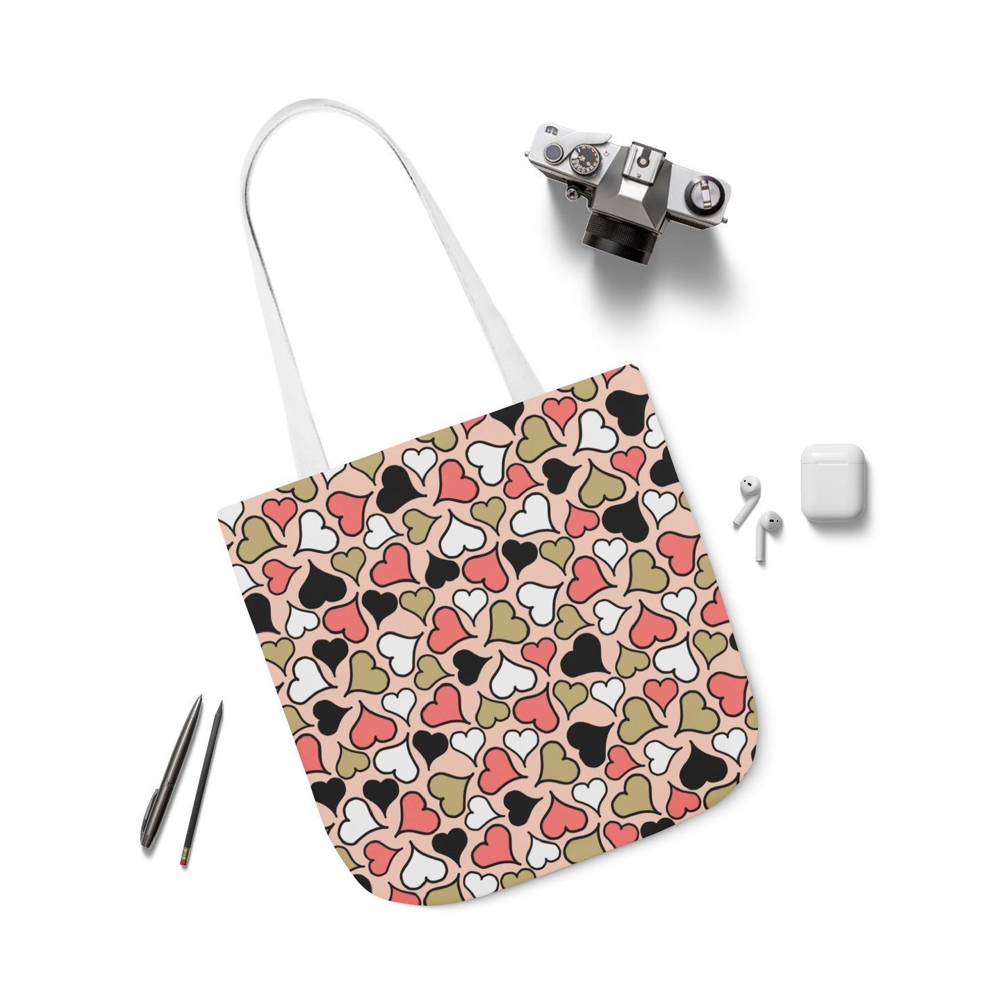 Stylish Heart Pattern Canvas Tote Bag with 5-Color Straps