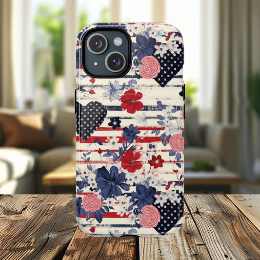 Patriotic Floral Phone Case, Tough Magnetic Cases, American Flag Design, Gift for Her, Independence Day Accessories