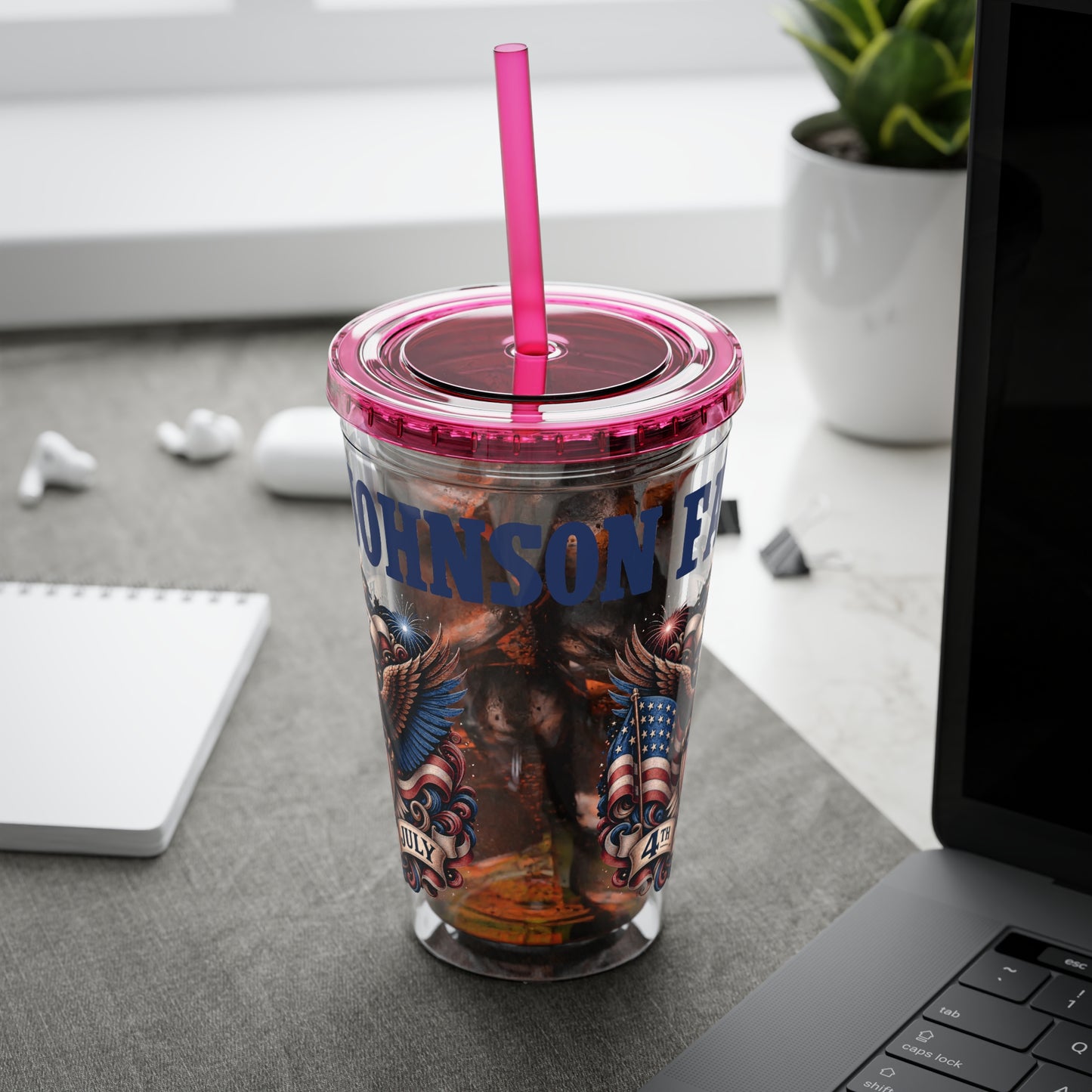 Patriotic Eagle 16oz Tumbler with Straw — "Happy 4th of July" USA Design