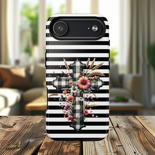 Grace in Bloom Tough Magnetic iPhone Case with Floral Cross Design, Boho iPhone Cover, Striped iPhone Case, Unique Religious Gift, Trendy Cell iPhone Accessory.