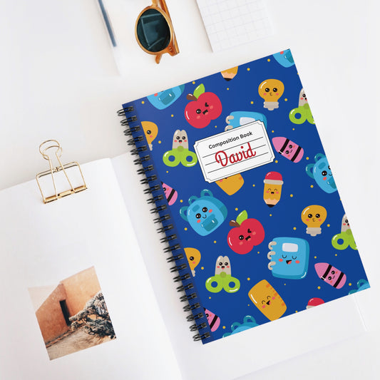 Personalized Blue Kawaii Composition Book Inspired Playful Spiral Notebook - Perfect for School, Journaling, Kids, Teachers, Back to School Gifts