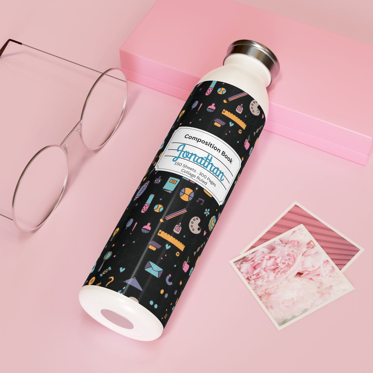 Personalized Chalkboard Chic Composition Book Inspired Slim Water Bottle, Customizable Drinkware, Eco-Friendly Hydration Bottle, Perfect for Gifts, School Supplies, Back to School