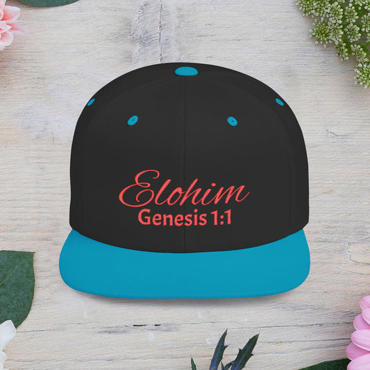 Red Embroidery 'ELOHIM, GENESIS 1:1' Flat Bill Snapback Hat, Stylish Cap for Everyday Wear, Church Events, Gift for Him/Her, Streetwear Accessory, Casual Fashion