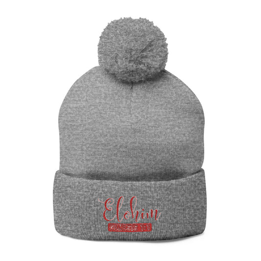 Red Pom-Pom Knit Cap with 'ELOHIM, GENESIS 1:1' Embroidery Beanie - Stylish Winter Accessory for All Ages, Perfect Gift for Birthdays, Holidays, and Outdoor Activities