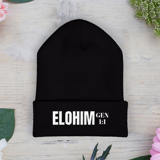 Embroidered 'ELOHIM, GENESIS 1:1' Classic Cuffed Beanie - Cozy Winter Hat, Streetwear Accessory, Personalized Gifts, Religious Apparel, Unisex Beanie