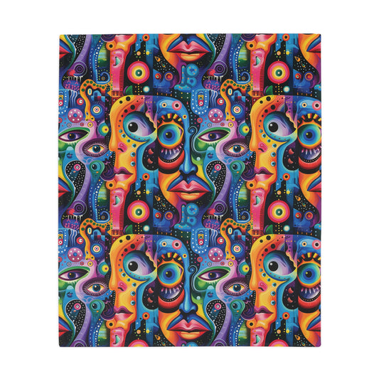 Psychedelic Visions Colorful Abstract Faces Plush Fleece Blanket – Cozy Home Decor & Gift for Art Lovers.