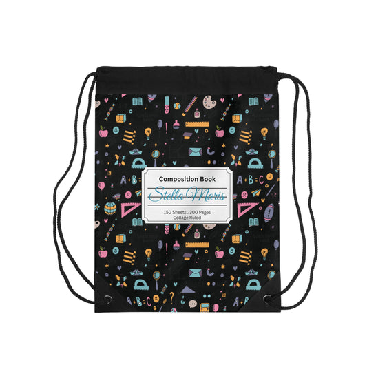 Custom Chalkboard Chic Composition Book Inspired Colorful plsyful icons Drawstring Bag | Personalized College Ruled Tote | Kids School Gear | Fun Gym Sack | Back to School Accessory