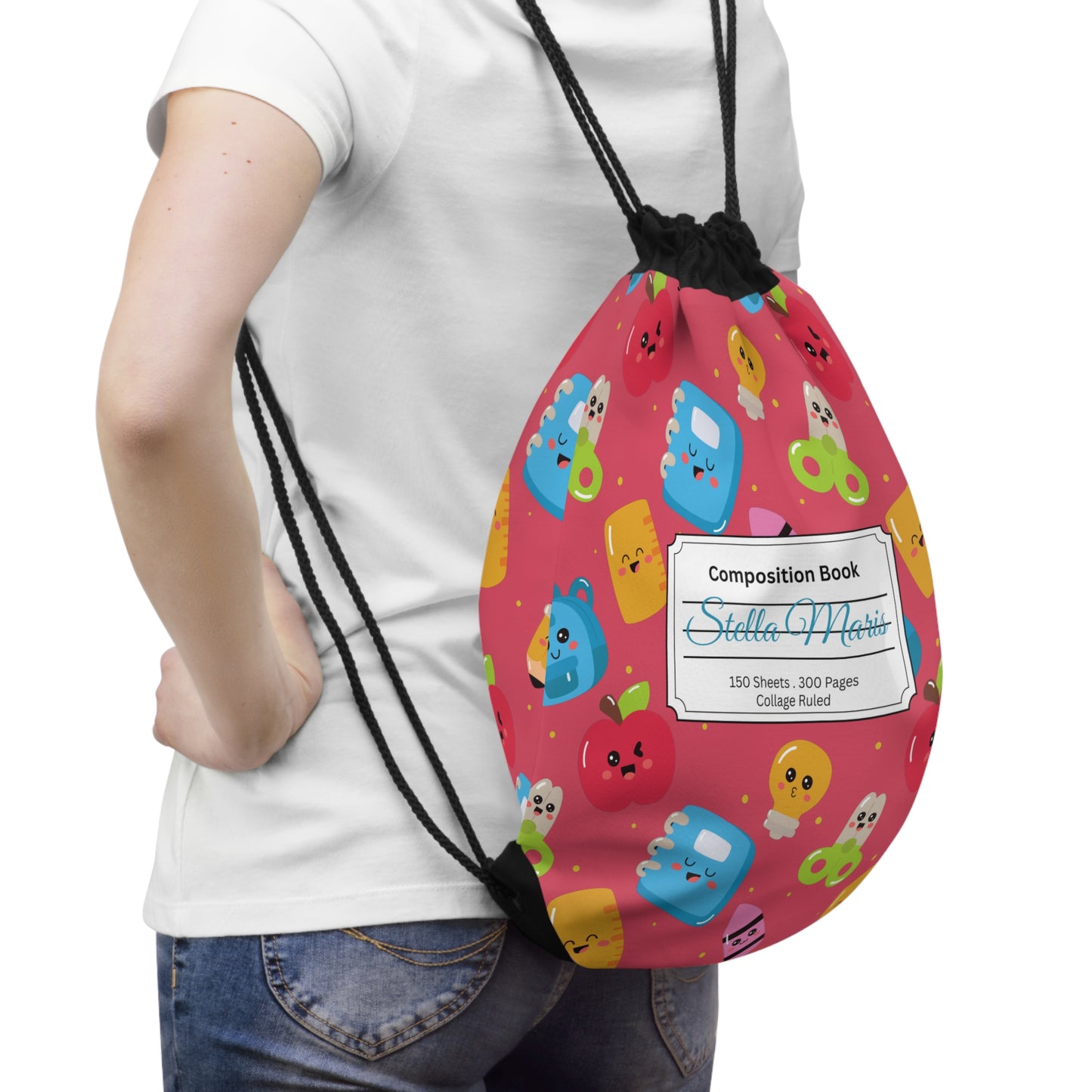 Custom Kawaii Composition Book Inspired Colorful ABC Drawstring Bag | Personalized College Ruled Tote | Kids School Gear | Fun Gym Sack | Back to School Accessory