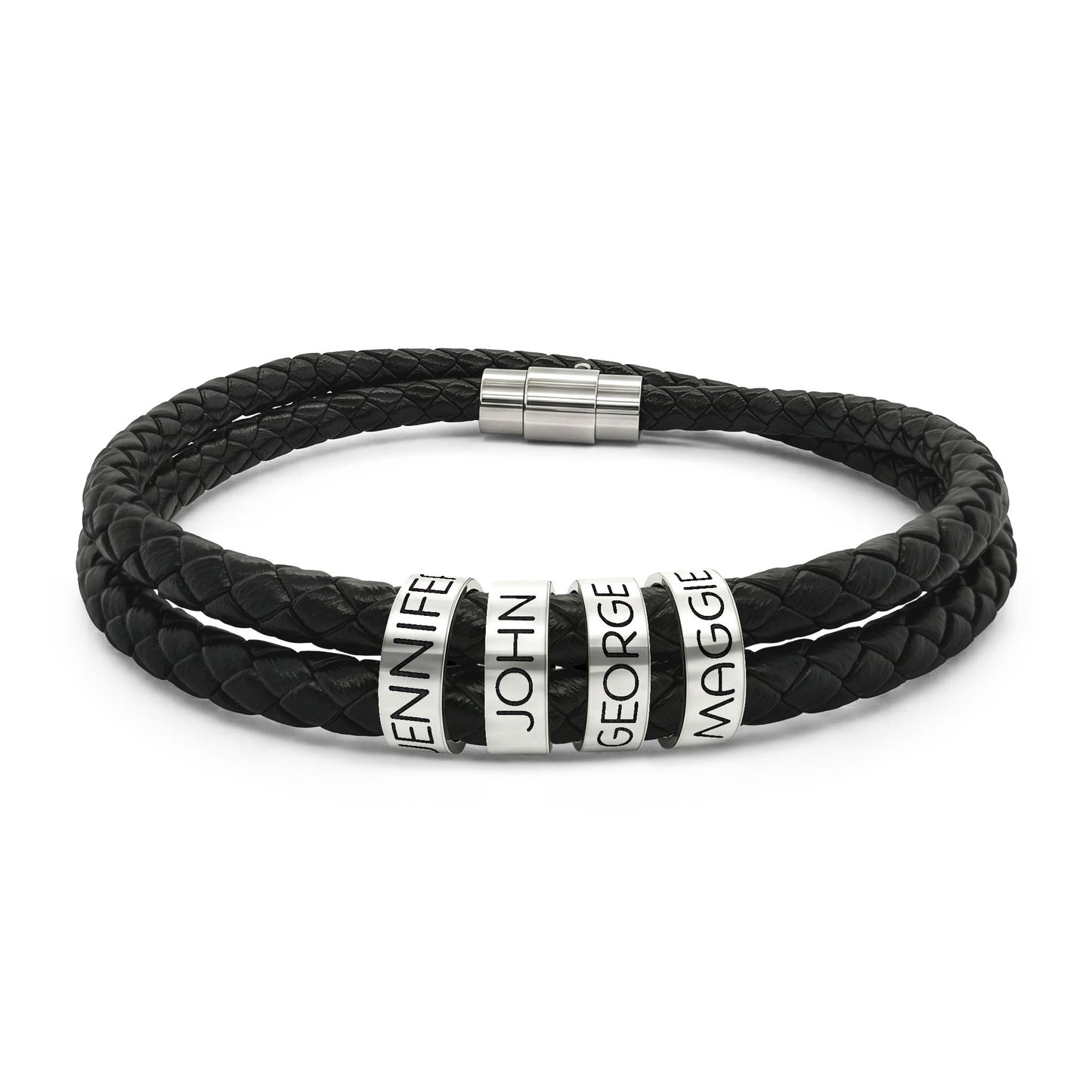 Engravable Personalized Black Braided Leather Bracelet with Stainless Steel Beads- a gift for Dad/Fathers/Brothers/Grooms.