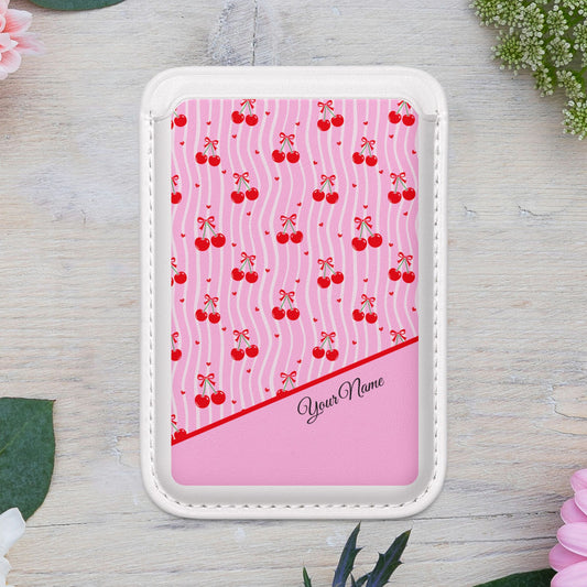 Personalized Cherry Blossom Dreams MagSafe Vegan Card Wallet — Pink Cherry Pattern with Custom Name
