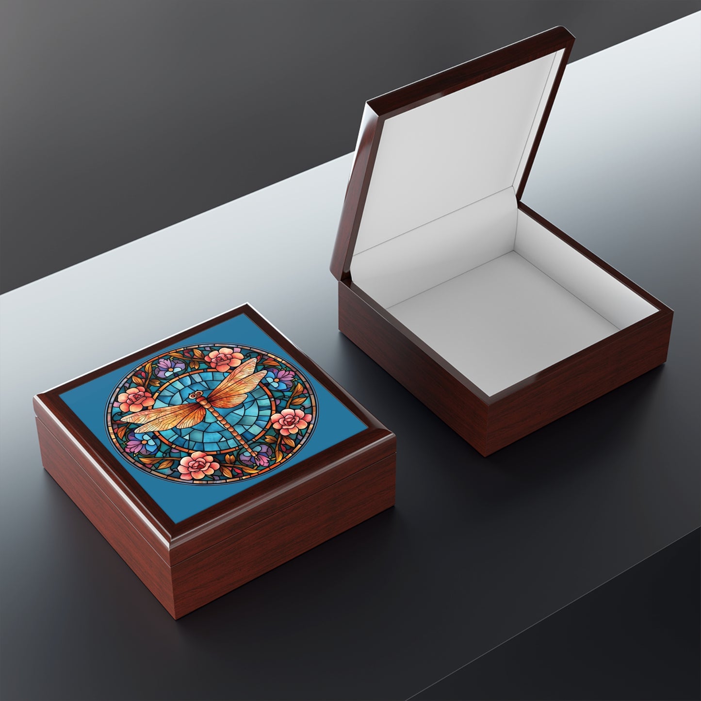 Dragonfly Stained Glass Jewelry Box — Floral Keepsake Box