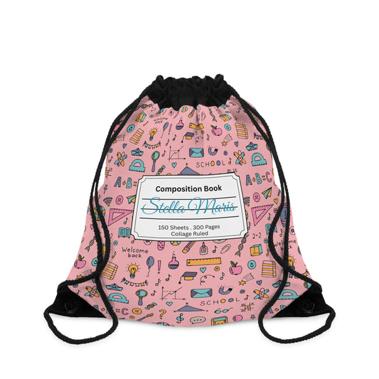 Custom Pink Chalkboard Chic Composition Book Inspired Colorful plsyful icons Drawstring Bag | Personalized College Ruled Tote | Kids School Gear | Fun Gym Sack | Back to School Accessory