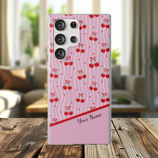 Personalized Cherry Blossom Dreams Flexi Case — Pink Retro Cherry iPhone® 7/8, 11, 12, 13, 14, 15, 16, 17, X/XS, SE, XR, Mini, Pro, Pro Max, Plus Cases.