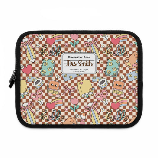 Personalized Brown Doodle Daydream Laptop Sleeve with Composition Book Inspired Design, Customizable Tech Case, School Supplies, Gift for Students, College Essentials, Back to School