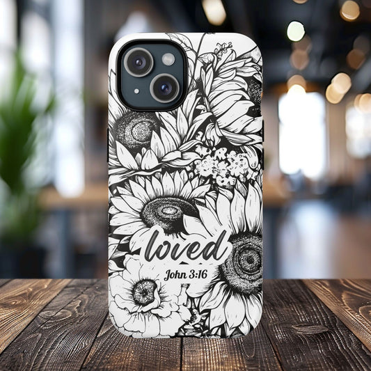 Loved John 3:16, Inspirational Gift, Tough iPhone Magnetic Case Scripture, Sunflower Bible Verse, MagSafe® iPhone® Tough Case, iPhone 14, iPhone 15, iPhone 16, Pro, Pro Max, Plus