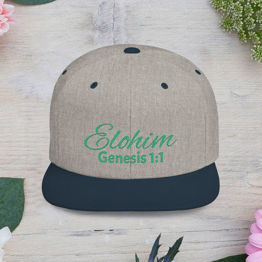 Green Elohim, Genesis 1:1 Snapback Cap - Faith-Inspired Flat Bill Hat, Baseball Hat, Perfect for Gifts, Daily Wear, Spiritual Events.