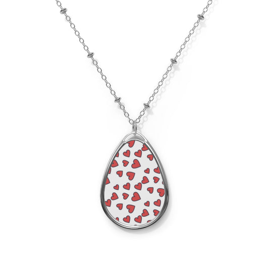 Oval Heart Pattern Necklace — Silver Teardrop Pendant with Red Hearts (Valentine’s Gift)