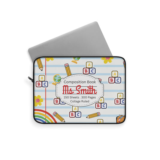 Personalized White SchoolYard Chic Laptop Sleeve with Composition Book Inspired Design, Educational Gift for Teachers, Classroom Organization, Back to School, Unique Teacher Accessory