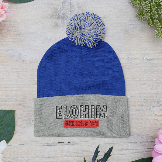 Cozy Pom-Pom Knit Cap with 'ELOHIM, GENESIS 1:1' Embroidery Beanie - Stylish Winter Accessory for All Ages, Perfect Gift for Birthdays, Holidays, and Outdoor Activities