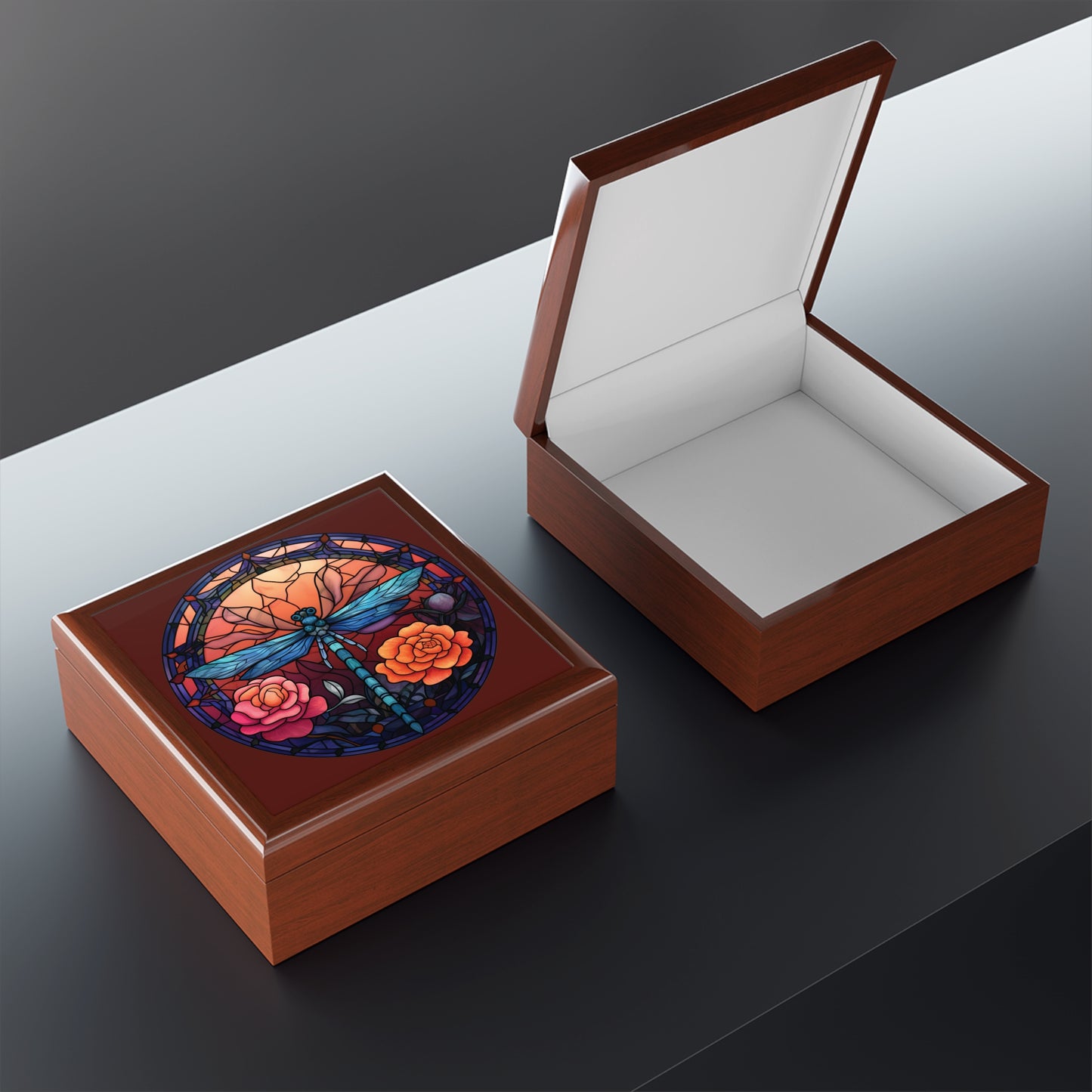 Dragonfly Stained Glass Jewelry Box — Floral Keepsake Gift