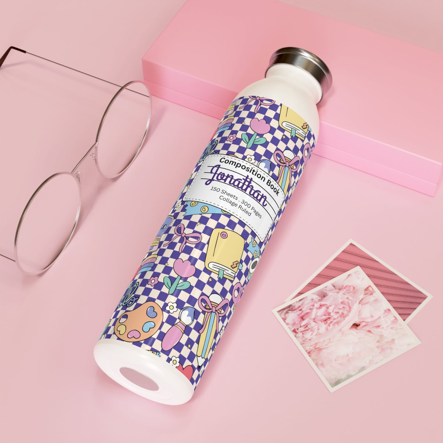 Personalized Composition Purple Doodle Daydream Book Inspired Slim Water Bottle, Customizable Drinkware, Eco-Friendly Hydration Bottle, Perfect for Gifts, School Supplies, Back to School