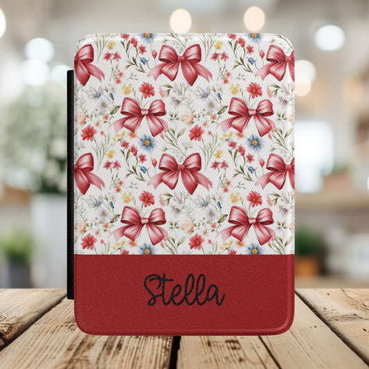Personalized Rosette Coquette Kindle Case – Floral Red Bow Pattern with Custom Name