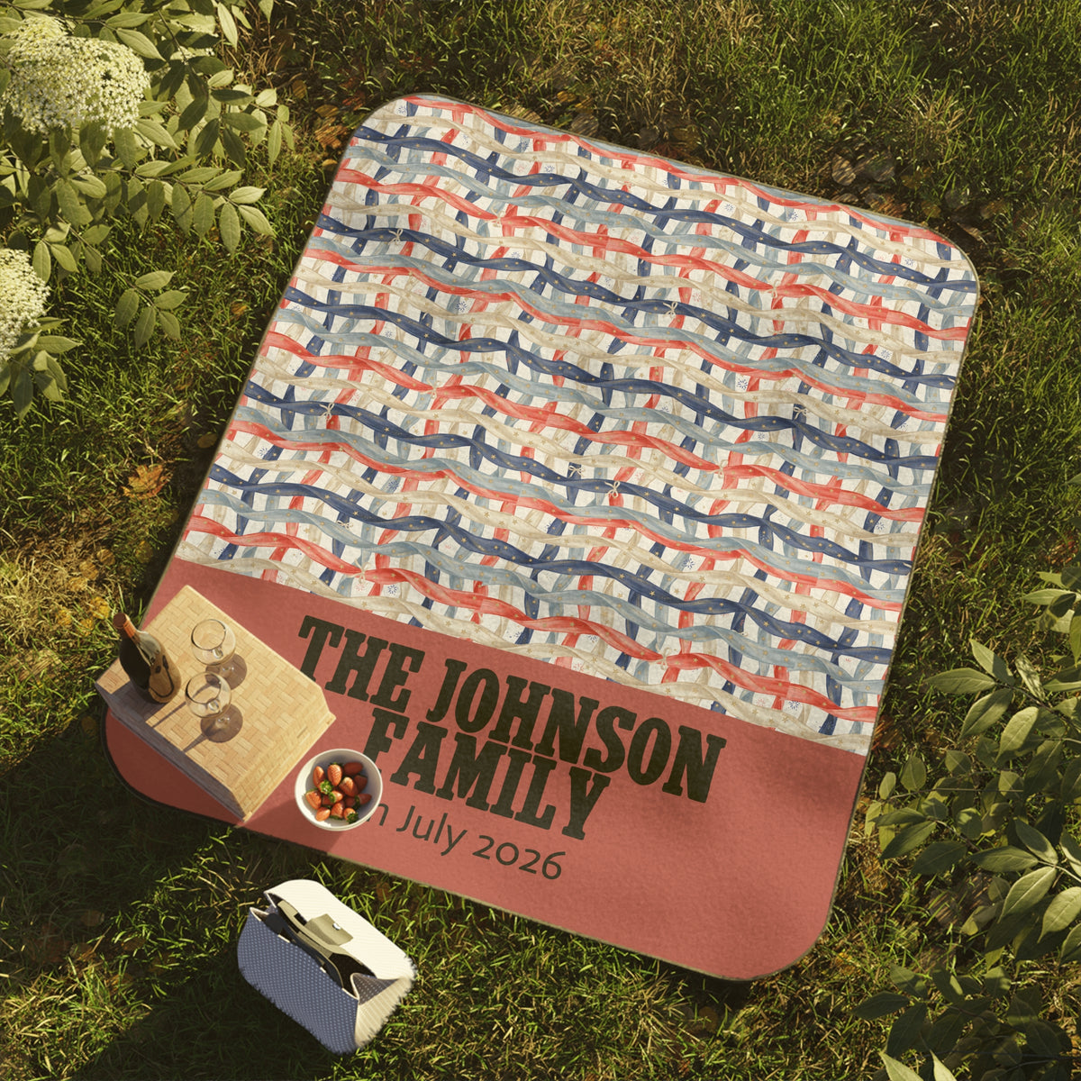Personalized 4th of July Picnic Blanket — Americana Woven Flag Design, Custom Family Name & Date