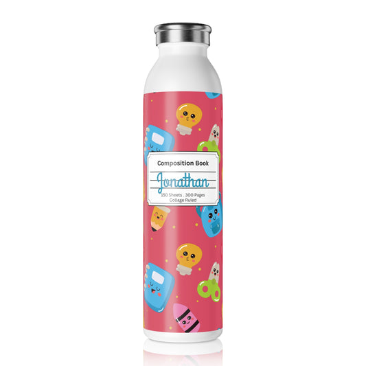 Personalized Kawaii Composition Book Inspired Slim Water Bottle, Customizable Drinkware, Eco-Friendly Hydration Bottle, Perfect for Gifts, School Supplies, Back to School